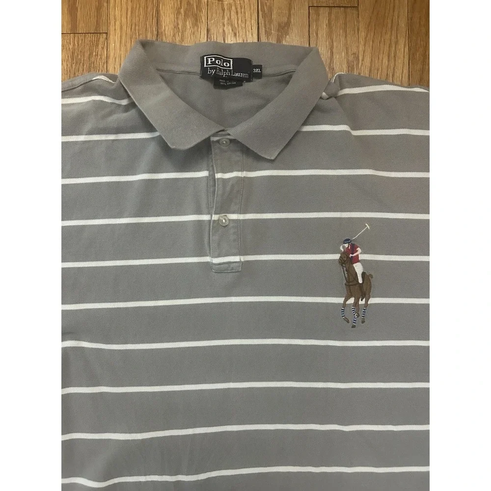 Polo Ralph Lauren Men's Striped Polo Shirt - Size 3XL - 100% Cotton Gray & White